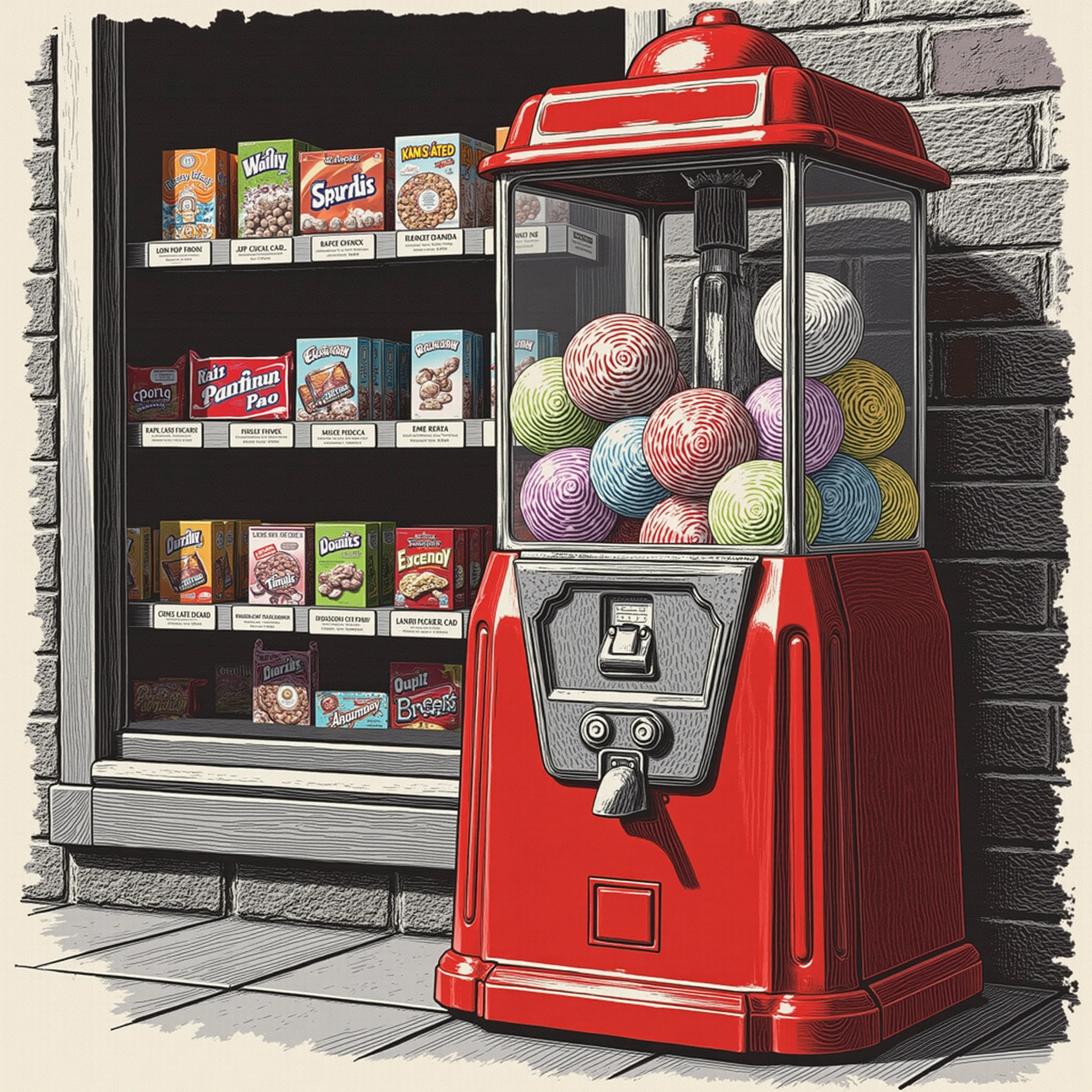 A whimsical etched scene of a red gumball machine with multiple colors of gumballs, in front of a candy store with many packages of candy on display in the front window. Intricate etching. DollarStyle.