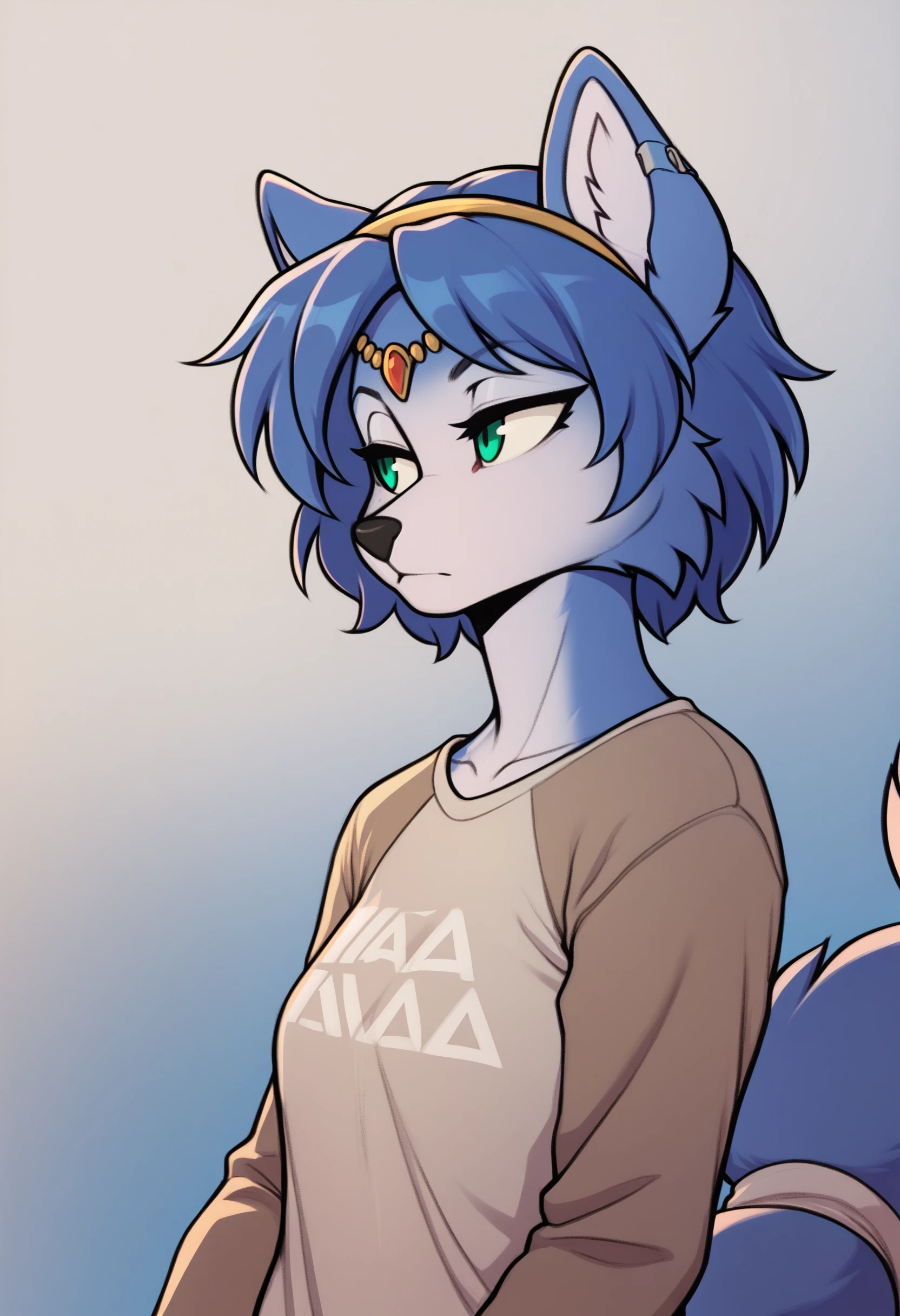 score_9, score_7_up, <lora:oro97-guy-PONY-DORAv101:1>, simple background, furry, 1girl, solo, krystal, looking to the side, gradient background, portrait, shirt, long sleeves