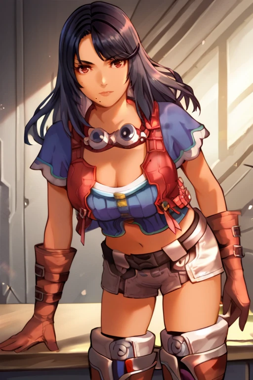 , Sharla_Xenoblade, black hair, red eyes, dark skin, beauty mark, large breasts, blue shirt, cleavage, red vest, navel, pilot goggles on neck, white shorts, belt, thighhigh boots, black boots, red gloves, belts on gloves,  game style, bending forward, hands on table, <lora:Sharla_Xenoblade-05:1>, , score_9, score_8_up, score_7_up, source_anime, detailed, high quality, beautiful, masterpiece,