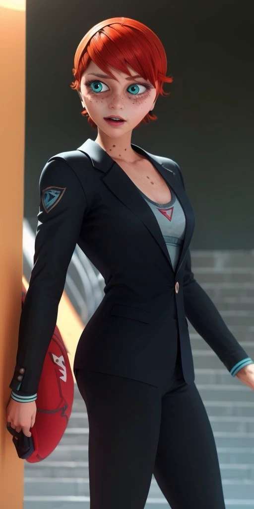 Hyperrealistic, photorealistic, super detailed, (long-sleeved blazer), trousers, expressive brilliant turquoise eyes, short red hair, body like in real life, several freckles on face, large pores, peach skin, slender, beautiful arms, very little very flat breasts, unreal engine, octane render, droped shadow, bokeh, cinematic lighting, <lora:add_detail:0.5>, <lora:Volumetric_lighting:0.6>, Ondine, <lora:4507115e-c874-4ac1-a882-1dcdf4e235ab:0.7>