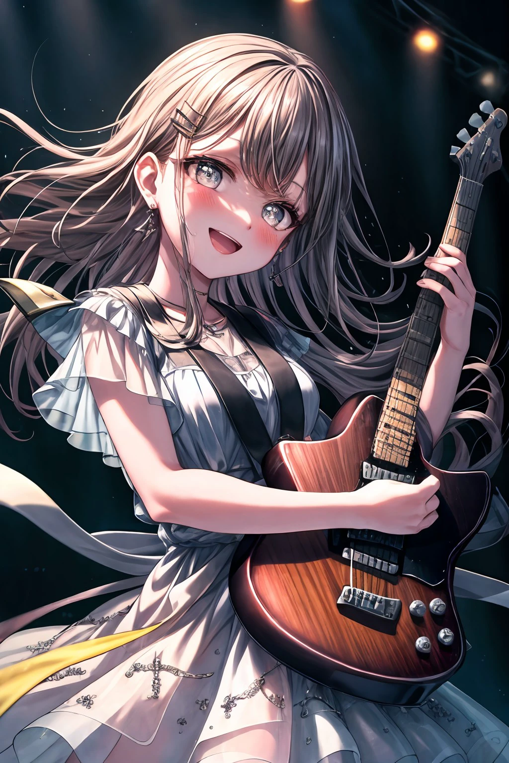 (masterpiece), best quality, expressive eyes, perfect face, soyo_n, looking at viewer, blush, smile, open mouth,  hair ornament, dress, jewelry, cowboy shot, earrings, hairclip, white dress, see-through, own hands together, instrument, music, guitar, <lora:c607a014-f8da-4dd1-ae23-2c677db610bc:0.7>, <lora:more_details:0.7>