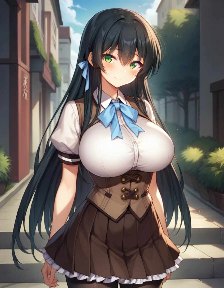 score_9,score_8_up,score_7_up,score_6_up BREAK official art,solo,outdoors,cowboy shot,looking at viewer,facing viewer,smile,blush,Sawatari Airi,very long hair,black hair,hair ribbon,sidelocks,hair between eyes,bangs,green eyes,school uniform,neck ribbon,blue ribbon,brown vest,white shirt,collared shirt,puffy short sleeves,large breasts,underbust,framed breasts,impossible clothes,skindentation,corset,miniskirt,brown skirt,pleated skirt,frilled skirt,black pantyhose,loafers,<lora:Sawatari Airi(n jk l)-Pony:1.1>,