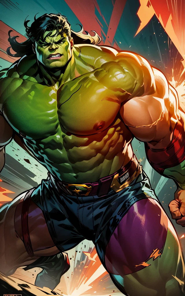 best quality,masterpiece,highly detailed,ultra-detailed, 
<lora:neg9V2_last:0.2> 
  <lora:superhero_V02:1>, superhero, powerful, heroic, iconic, larger-than-life, justice, colorful, action-packed (Hulk:1.16), Gigantic green muscular man, often in torn purple shorts