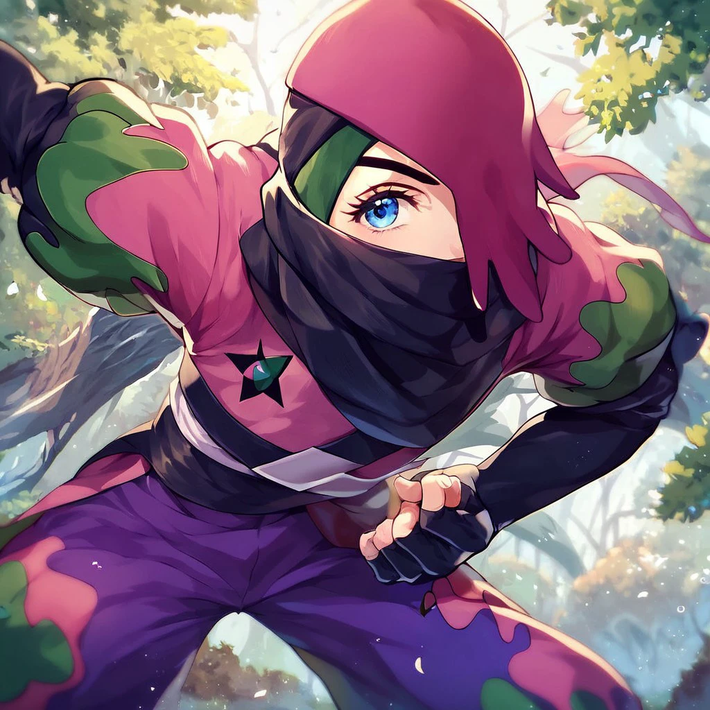 (masterpiece), score_9, score_8_up, score_7_up, score_6_up, score_5_up, score_4_up, 1boy, solo, Atticus, blue eyes, ninja costume, mask, ninja pose, forest background