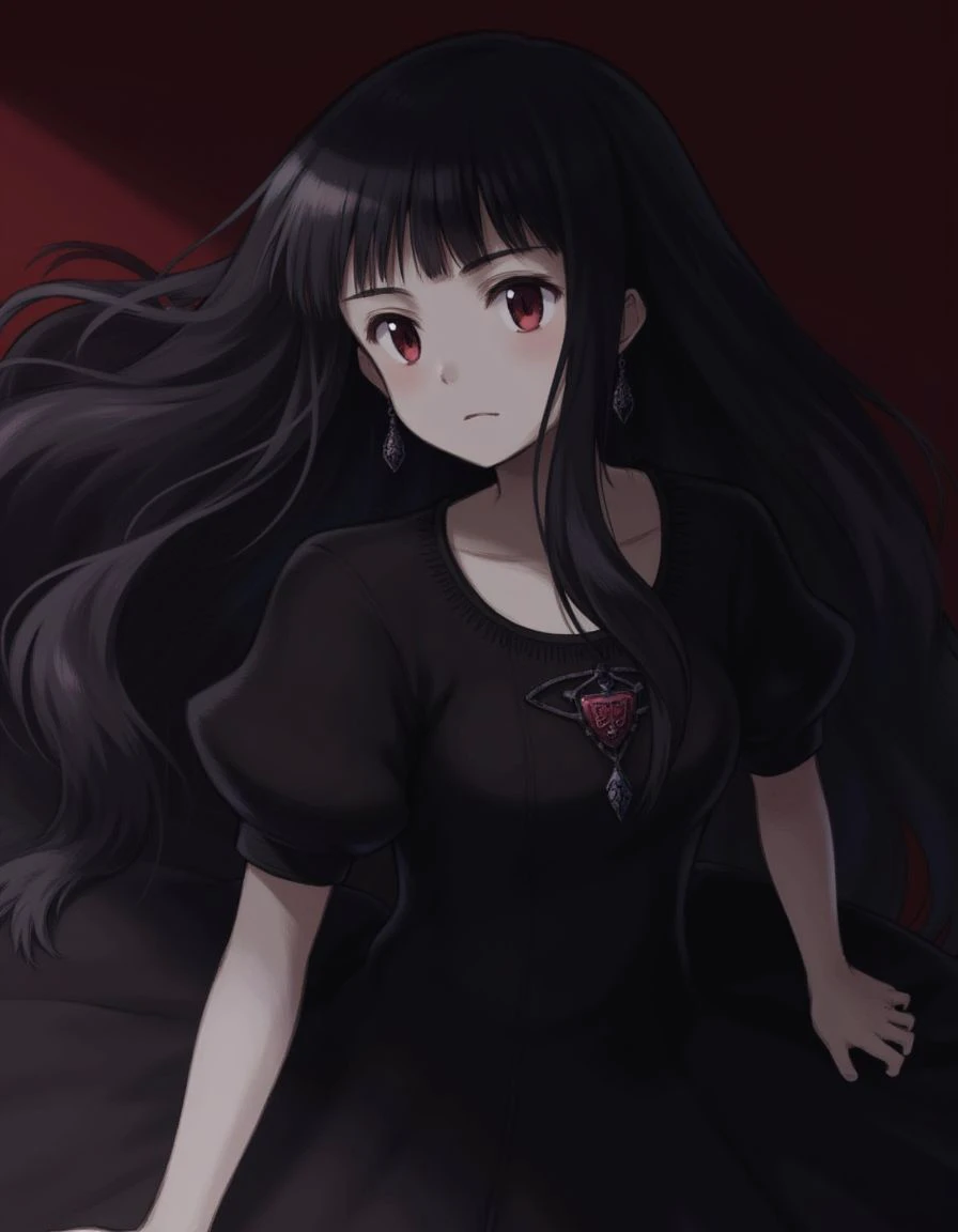 A girl with long, flowing black hair and pale, almost porcelain skin. Her deep red eyes are striking, and she wears an elegant black dress that seems to merge with the shadows around her.
<lora:Fabula_Ultima Character_Art_Style_epoch_7:1>,