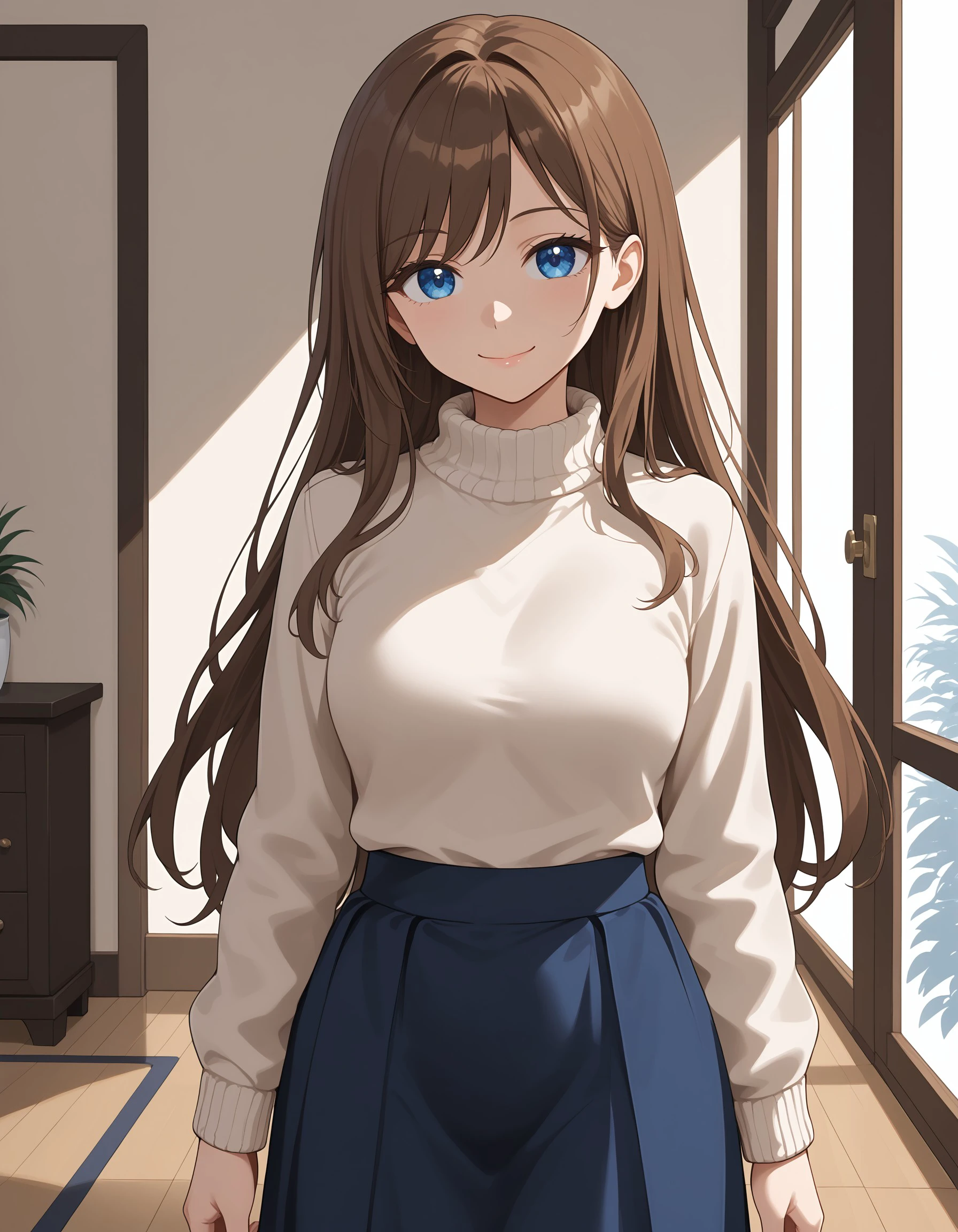 (masterpiece), best quality, expressive eyes, perfect face, soyo_n, long hair, blue eyes, brown hair, cowboy shot, white sweater, blue skirt, long skirt, looking at viewer, smile, closed mouth, hand together, 1girl, solo, <lora:f2f1623e-43da-473a-a36e-8fd634ea9126:0.7>