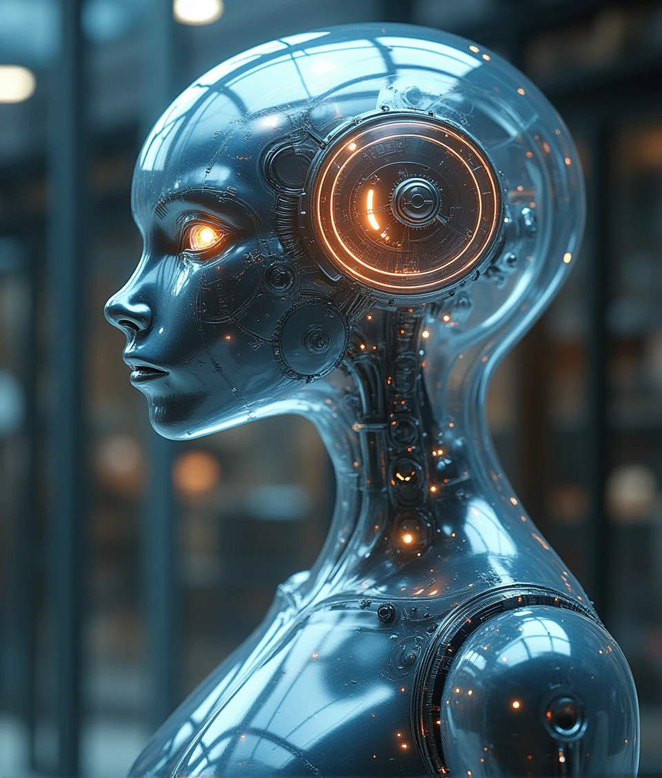 mechneuro,a female cyborg is god-like,who has glass head,the flesh-brain inside