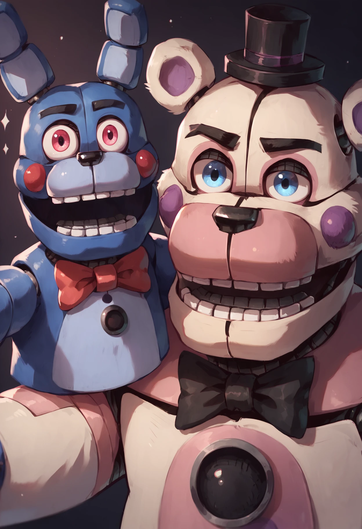 score_9, score_8_up, score_7_up, (funtimefreddy), fnaf, animatronic, bonbon, 2boys, male, close-up, black bowtie, top hat, portrait, dark background, blue eyes, red eyes, open mouth, detailed eyes, masterpiece, amazing quality, best quality, 8k <lora:FuntimeFreddy-000010:0.92>