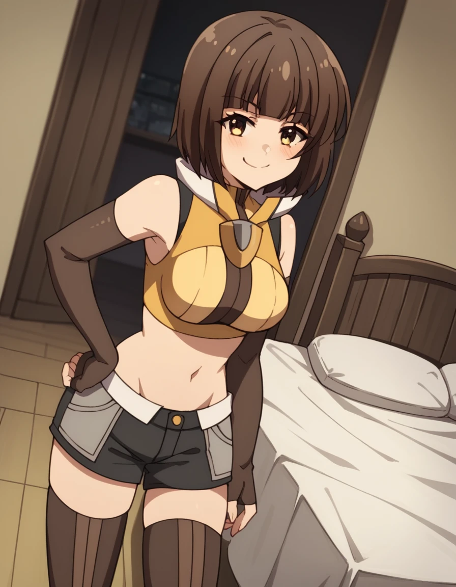 score_9, score_8_up, score_7_up, source_anime, <lora:nana-mizuoka-s1-ponyxl-lora-nochekaiser:1>, nana mizuoka, short hair, bangs, brown hair, brown eyes, medium breasts, blunt bangs, bob cut,, shirt, thighhighs, gloves, navel, bare shoulders, shorts, sleeveless, black gloves, elbow gloves, midriff, black thighhighs, fingerless gloves, crop top, short shorts, yellow shirt, grey shorts, indoors, bed, bed room, on side, blush, drunk,, smile, looking at viewer, smug, hand on hips,, solo,, cowboy shot, dutch angle