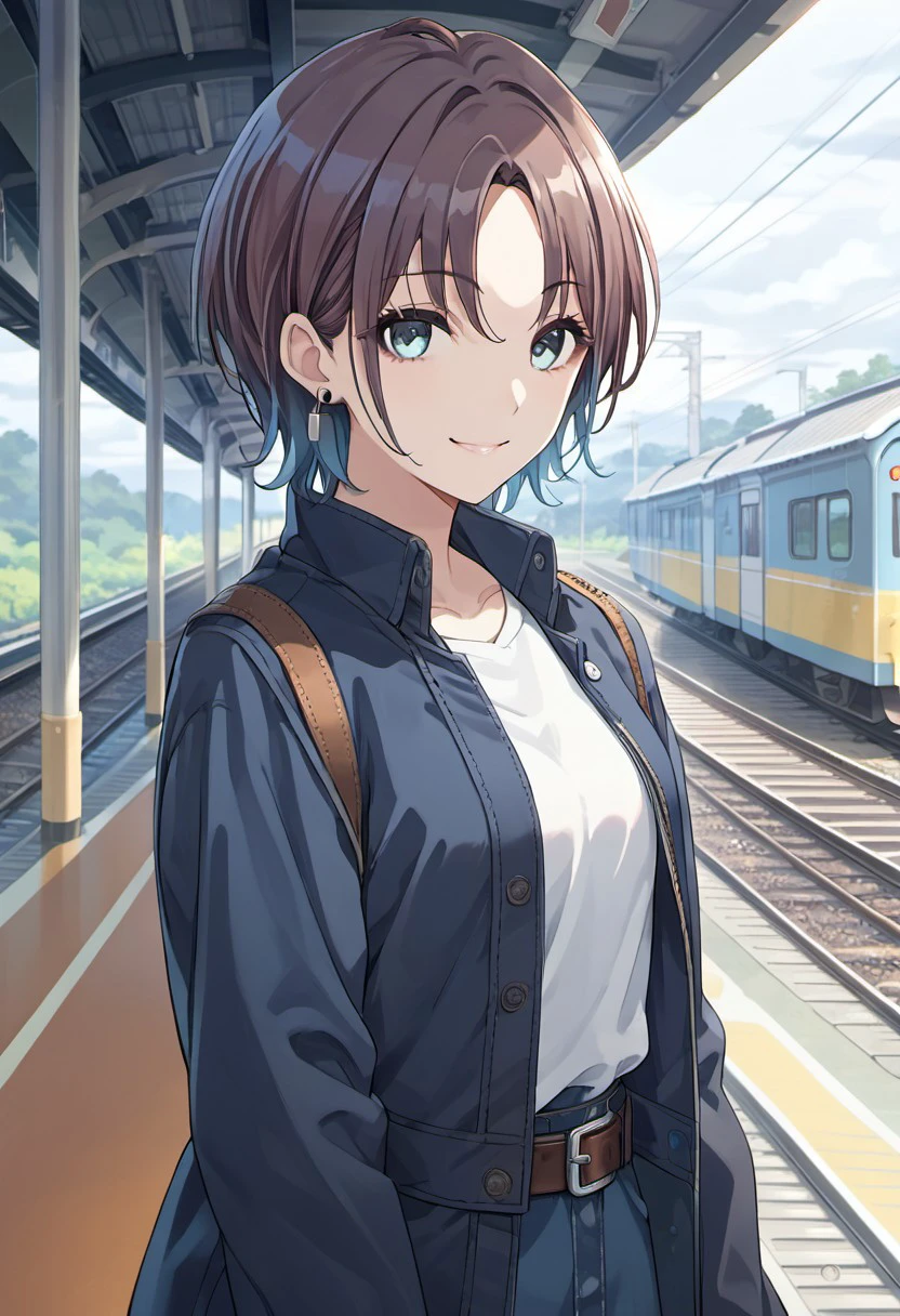 score_9, score_8_up, score_7_up, source_anime,asakura toru, short hair, brown hair, blue hair, blue eyes, 1girl, solo, outdoors, jacket, looking at viewer, smile, earrings, jewelry, parted bangs, shirt, train station, belt, long sleeves, jacket on shoulders