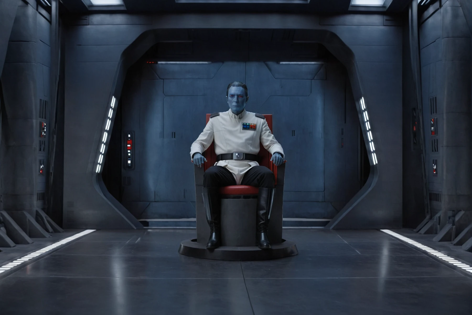 (birds eye viewt1.5) (extreme wide angle shot1.5) of  <lora:Grand_Admiral_Thrawn_XL:0.8> thrawn with blue skin and red eyes and wearing a white uniform with black boots, is sitting in a futuristic dark grey sci-fi throne, in a Star Destroyer Interior <lora:Star_Destroyer_Interior:1> corridor from a star wars movie, large metal door at the end, white lights in the walls, science fiction, 8k resolution, sharp focus, dark and ominous, cinematic, detailed, motion picture style, realistic, sci fi style, cinematic light, perfect color, perfect scene, shallow depth of field, vignette, highly detailed, high budget, bokeh, cinemascope, moody, epic, masterpiece, <lora:Rembrandt Lighting style v2:0.6> Rembrandt Lighting style, in the dark Low-key lighting Style <lora:Low-key lighting Style:0.6>