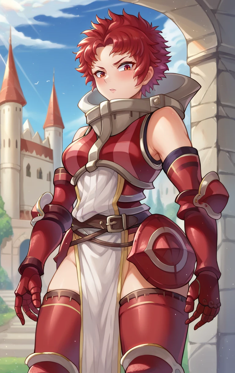 score_9,score_8_up,score_7_up BREAK <lora:sully:1>,sullySDXL,1girl,short hair,red eyes,red hair,belt,armor,gauntlets,pelvic curtain,armored boots,greaves,red armor,cowboy shot,castle,