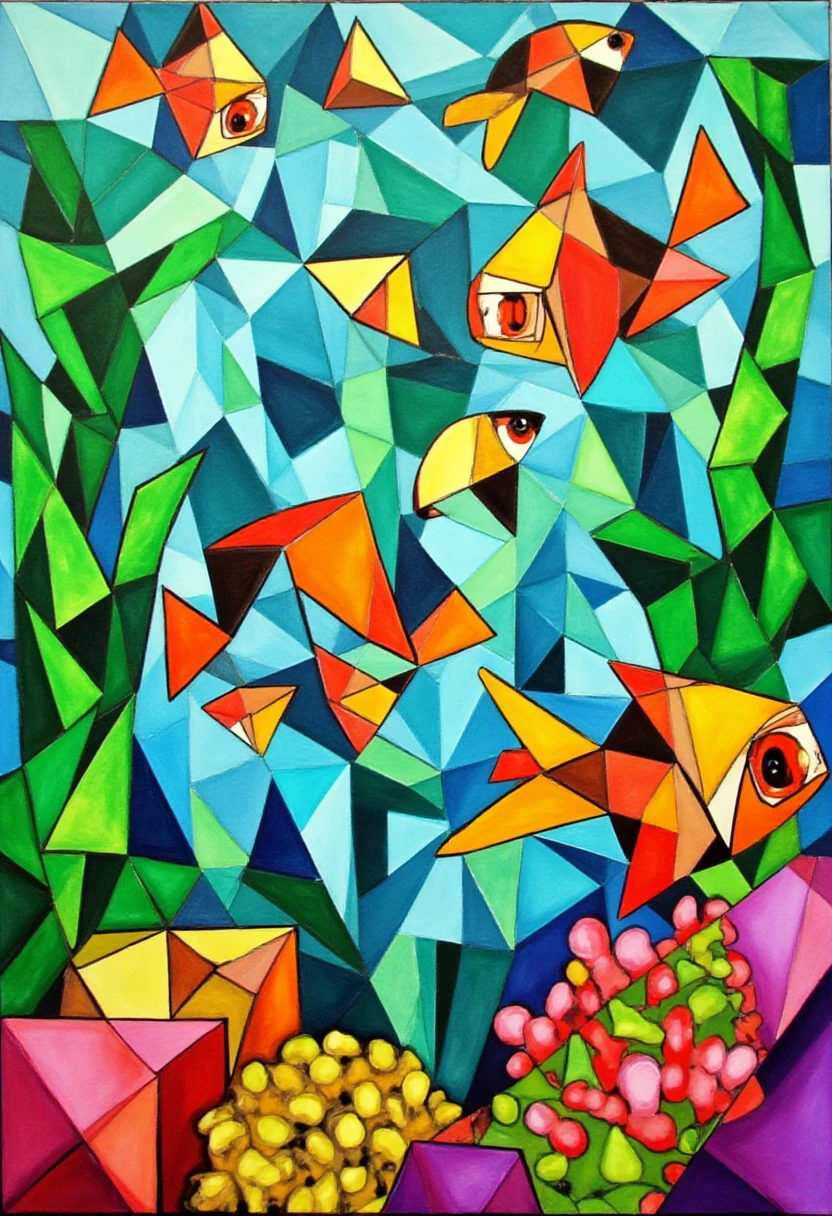 A school of fish, seaweed, and coral all depicted in a Cubist style as though floating in an abstract, geometric underwater world. The sea creatures are fragmented into angular shapes, some viewed from above, others from the side, creating a multi-perspective visual. The colors of the ocean shift between deep blues and neon greens, while the fractured light plays off the sharp, geometric forms of the sea life. ,  CubismStrokes