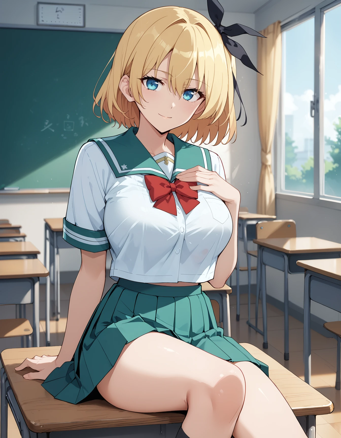 (score_9, score_8_up,score_7_up,source_anime,anime),solo,1girl, <lora:Iria:1> Iria,blonde hair, short hair, blue eyes,black ribbon,hair ribbon,large breasts,school uniform,serafuku,red bow,green skirt,pleated skirt, light smile
BREAK
classroom,school,sitting,on desk,knee up,hand on own chest, 
BREAK 
looking at viewer   <lora:NoctFlatStyleV4:0.6>