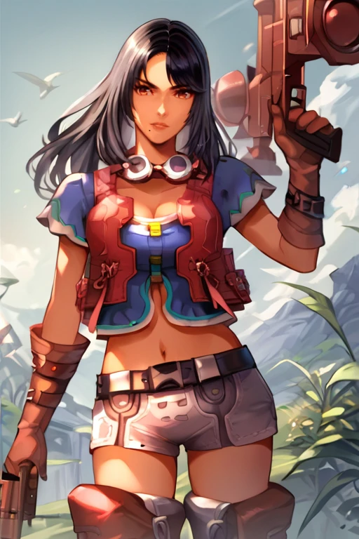 <lora:Sharla_Xenoblade:1> , Sharla_Xenoblade, black hair, red eyes, dark skin, beauty mark, large breasts, blue shirt, cleavage, red vest, navel, pilot goggles on neck, white shorts, belt, thighhigh boots, black boots, red gloves, belts on gloves,     holding sniper rifle,     game style,, , score_9, score_8_up, score_7_up, source_anime, detailed, high quality, beautiful, masterpiece,