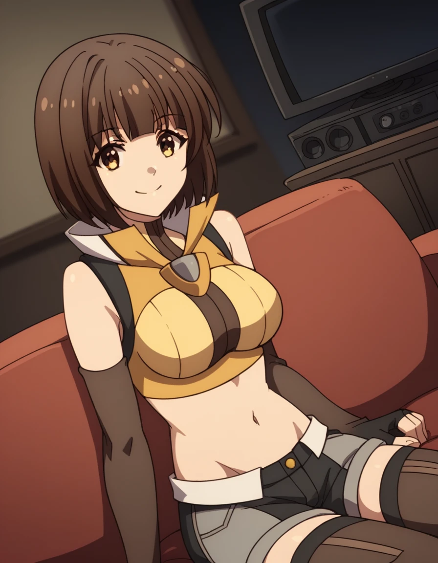 score_9, score_8_up, score_7_up, source_anime, <lora:nana-mizuoka-s1-ponyxl-lora-nochekaiser:1>, nana mizuoka, short hair, bangs, brown hair, brown eyes, medium breasts, blunt bangs, bob cut,, shirt, thighhighs, gloves, navel, bare shoulders, shorts, sleeveless, black gloves, elbow gloves, midriff, black thighhighs, fingerless gloves, crop top, short shorts, yellow shirt, grey shorts, living room, television, couch, popcorn, watching movie, night time, sitting,, smile, looking at viewer, sitting, elbow rest, table,, solo,, cowboy shot, dutch angle