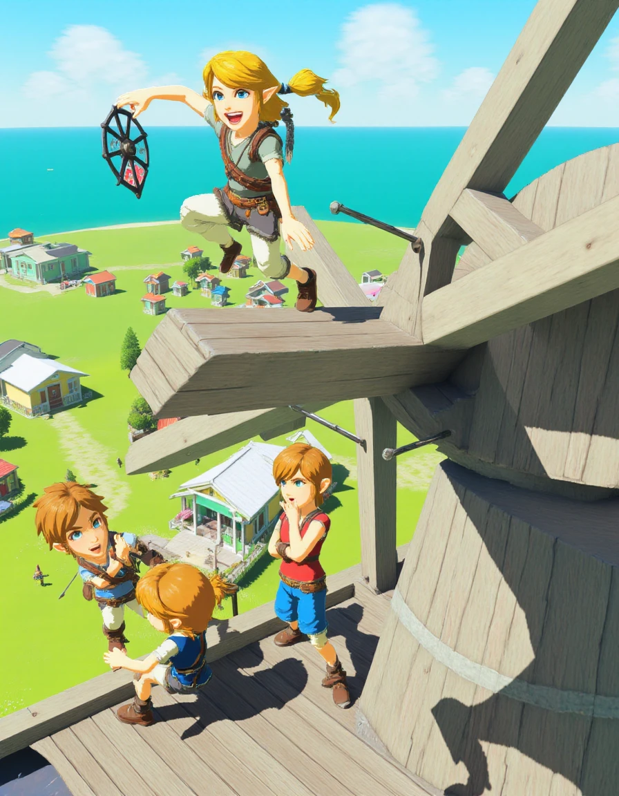 <lora:botw_flux-000015:1>,Cinematic still of the adventurer standing atop the windmill in the village of Hateno, balancing precariously on a wooden beam with a mischievous grin on his face. He is holding a glider in one hand, ready to jump off, while the wind blows through his blonde hair. Below, a few villagers look up in astonishment, one of them holding a hand to their mouth in shock. The windmillâs blades turn slowly behind him, and the village sprawls out beneath, with its colorful houses, lush fields, and a distant view of the sparkling ocean. The sky is bright and clear, adding a sense of daring adventure and playful energy. In a fantasy game, lighthearted and whimsical moment, vibrant and joyful village atmosphere.