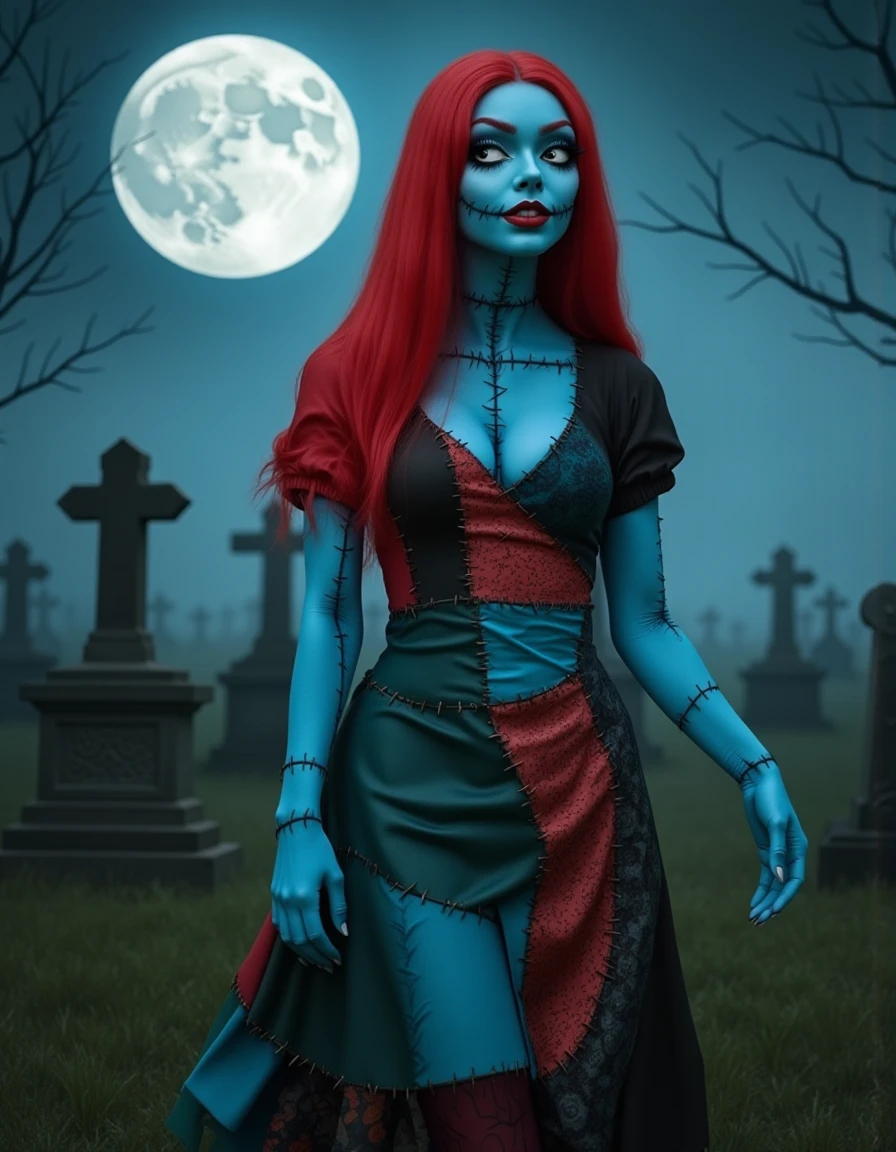 <lora:Sally_Flux-000001:1>  beautiful detailed photograph, sally, blue skin, big  gentle eyes, smiling, stitched together body. red hair,  wearing a dress  that's stitched together from multiple diffrent dresses, walking ain a graveyard, a giant full moon in the night sky, mist and fog, eerie atmosphere