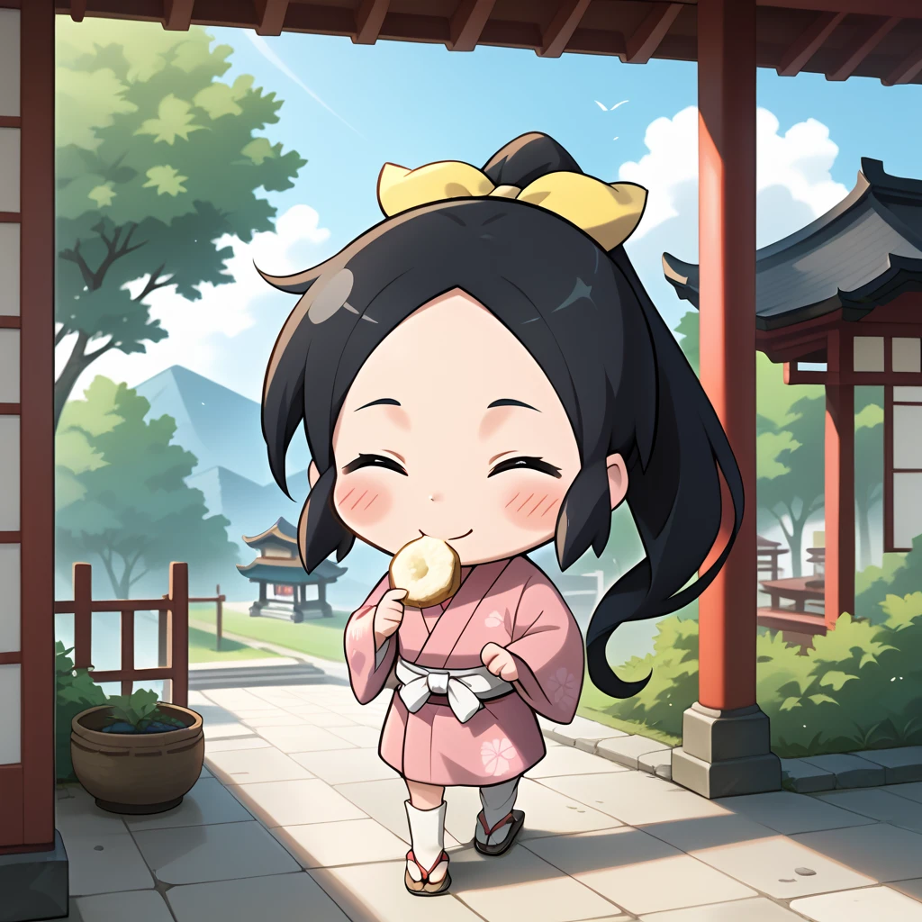 score_9, score_8_up, score_7_up, 1girl, solo, uncensored, shinobichidori, 1girl, solo, smile, eating, crumbs, onigiri, closed eyes, closed mouth, chewing, seiza,   chibi, black hair, yellow ribbon, ponytail, pink kimono, white socks, white obi, sandals, outdoors, east asian architecture, building, japanese garden, porch <lora:ShinobiChidoriXL_v1.0:1>