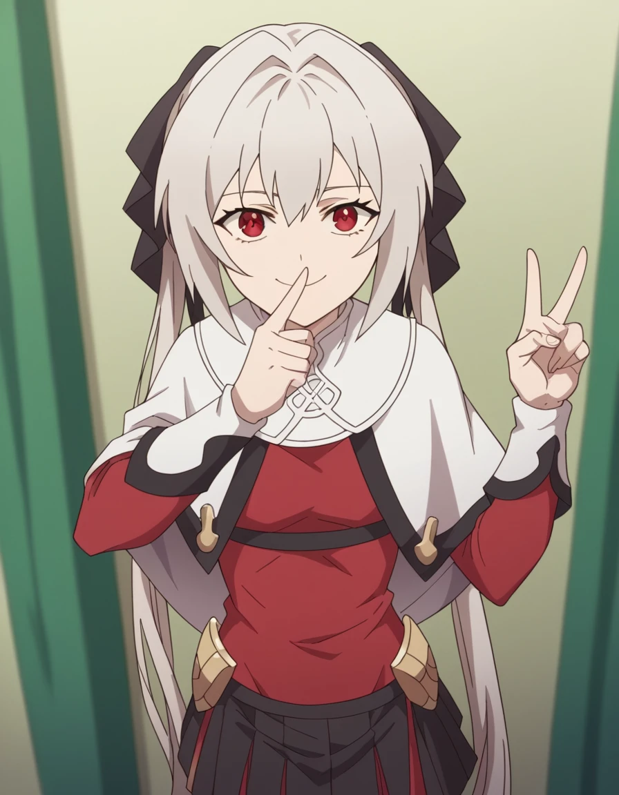 score_9, score_8_up, score_7_up, source_anime, <lora:lynneburg-clays-s1-ponyxl-lora-nochekaiser:1>, lynneburg clays, long hair, red eyes, twintails, grey hair, hair intakes, hair ribbon,, pantyhose, capelet, white capelet, dress, red dress, long sleeves, skirt, black skirt, pleated skirt,, hospital room, bedside, get well flowers, comforting, quiet, smile, looking at viewer, v, v over mouth, smug,, solo,, cowboy shot, dutch angle