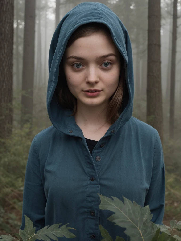 a professional absurdres sharp focus intricately detailed close-up photograph of 
(Bella_Heathcote:1.1), head focus, 
cloak completely covering her neck and torso,
standing in a Majestic forest landscape at sunrise, cinematic lighting, soft rays of sunlight filtering through the trees, shadow play between dense foliage and fog, heavy rain interrupts the serene atmosphere. The color palette is rich in deep greens, warm ambers, and cool shadows, Cinematic composition.	
 <lora:Bella_Heathcote-SDe11:0.8>