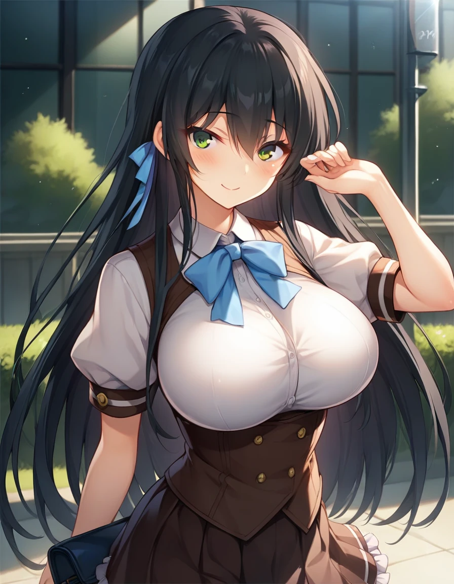 score_9,score_8_up,score_7_up,score_6_up BREAK official art,solo,outdoors,upper body,(portrait:1.5),looking at viewer,facing viewer,smile,blush,Sawatari Airi,very long hair,black hair,hair ribbon,sidelocks,hair between eyes,bangs,green eyes,school uniform,neck ribbon,blue ribbon,brown vest,white shirt,collared shirt,puffy short sleeves,large breasts,underbust,framed breasts,impossible clothes,skindentation,corset,miniskirt,brown skirt,pleated skirt,frilled skirt,black pantyhose,loafers,<lora:Sawatari Airi(n jk l)-Pony:1.1>,