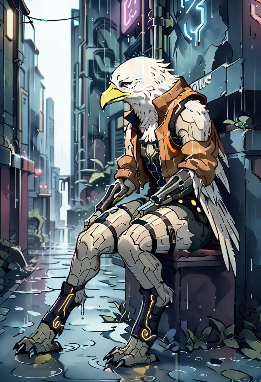 Score_7_up, score_8_up, side angle, from side, science fiction, flat color, 
BREAK,
re_an, avian,anthropomorphic bald eagle, yellow beak,  sitting, glowing cybernetic armor, digitigrade legs, sleeveless jacket, short shorts, metallic straps, holstered gun, boots, winged arms, feathers, brown body feathers, 
Cyberpunk, alleyway, neon lights in background, raining, wet ground,