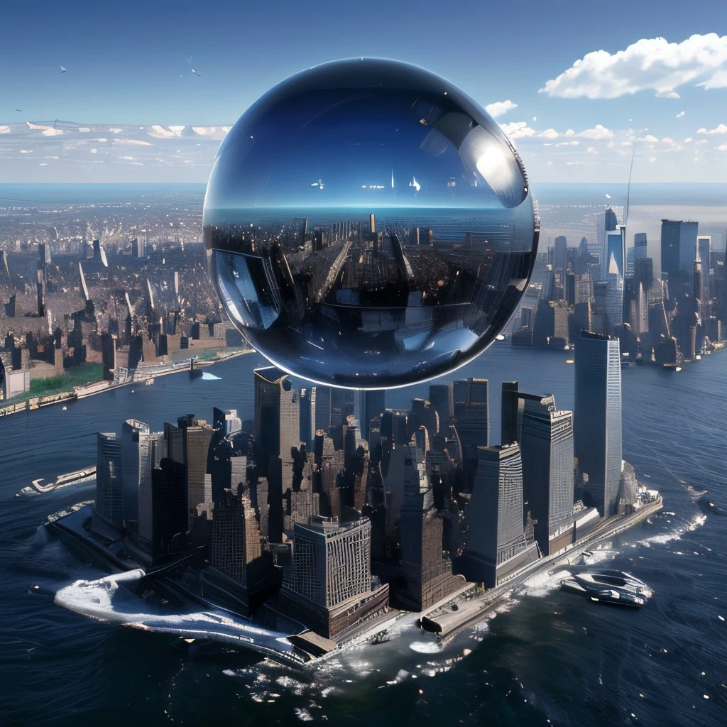 masterpiece, best quality, intricate photo, floating one meter over ocean (glass sphere with city of New York), Background wasteland with blue cloudy sky, hyper realistic, highly detailed, sharp focus, high resolution, 8K, <lora:GlassSphere:0.7>