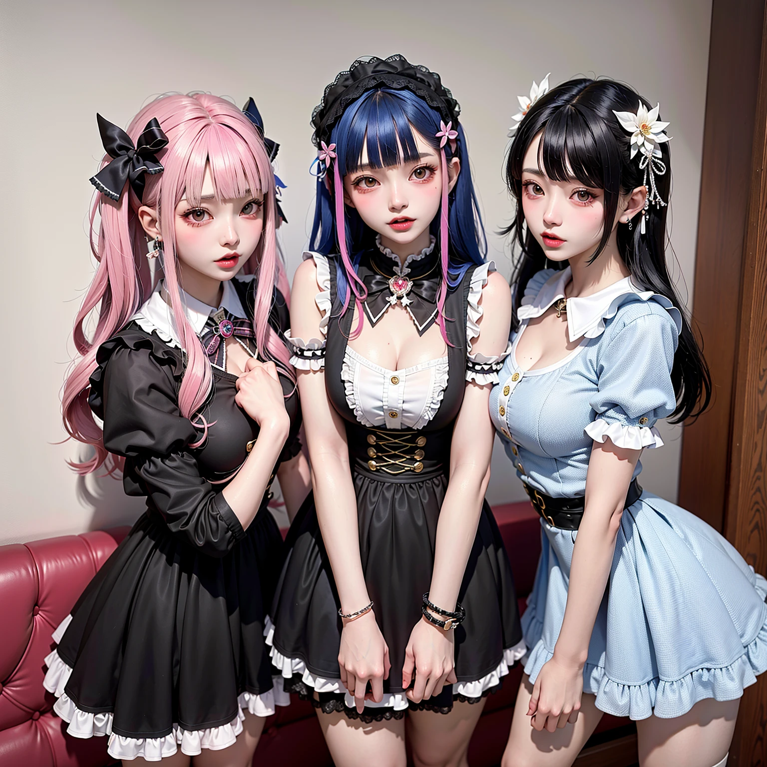 Close-up of three women in different costumes on white background, grunge style, grunge aesthetics, !!!, grunge aesthetics!!! (, sexy gloomy style, grunge aesthetic, grunge fashion, teen grunge punk rock, Y2K style, y 2 k style, punk style, this set style, gothic style, retro aesthetic, 90s style, vintage look, bow, donuts, bow bow bow!!! Cat ears, elves!! demon