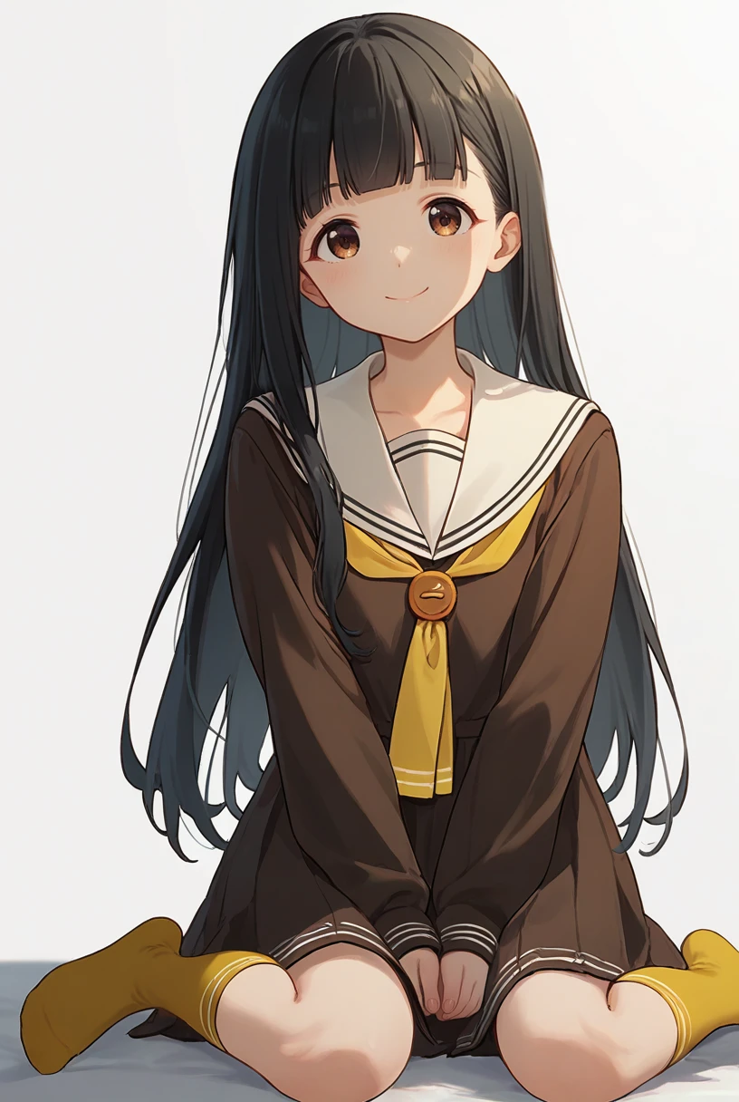 (score_9,score_8_up,score_7_up, ),
<lora:TMLH_NK_pony:1>,TMLH_NK,1girl,black hair,brown eyes,long hair,solo,smile,school uniform,white sailor collar,long sleeves,blunt bangs,facing viewer,yellow neckerchief,closed mouth,serafuku,sailor dress,brown dress,yellow socks,white_background,simple_background,feet out of frame,wariza,hands_on_lap,sitting