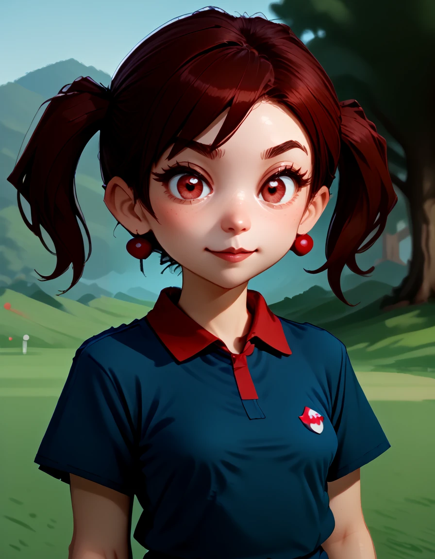 <lora:Plum V3 Pony:1> plum (mario golf 64), 3d, low poly, plum, 1girl, solo, brown hair, pigtails, green eyes, dark blue shirt, red collar, portrait,  smile, golf course,, source_cartoon, score_9, score_8_up, score_7_up, score_6_up, score_5_up, score_4_up,