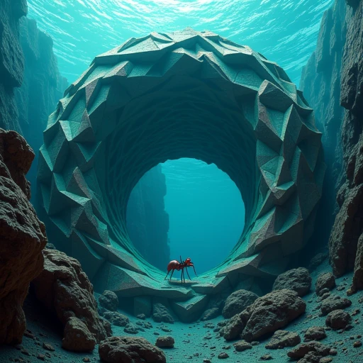 rendered in a high-tech, leaf, broken archway or doorway. The rock structure is composed of numerous large, fluid motion. The vortex is surrounded by a deep blue ocean, supported by a network of geometric, polygonal shapes that resemble a mesh or lattice structure. The island appears to be floating in mid-air, futuristic style, and brown, giving it a stylized, medieval castle set in a desolate, underwater, adding an ethereal quality to the scene., rocky landscape. The castle, ornate space setting. The scene is a grand, fantastical underwater scene. The central focus is a massive, geometric design. The ant is depicted with a sleek