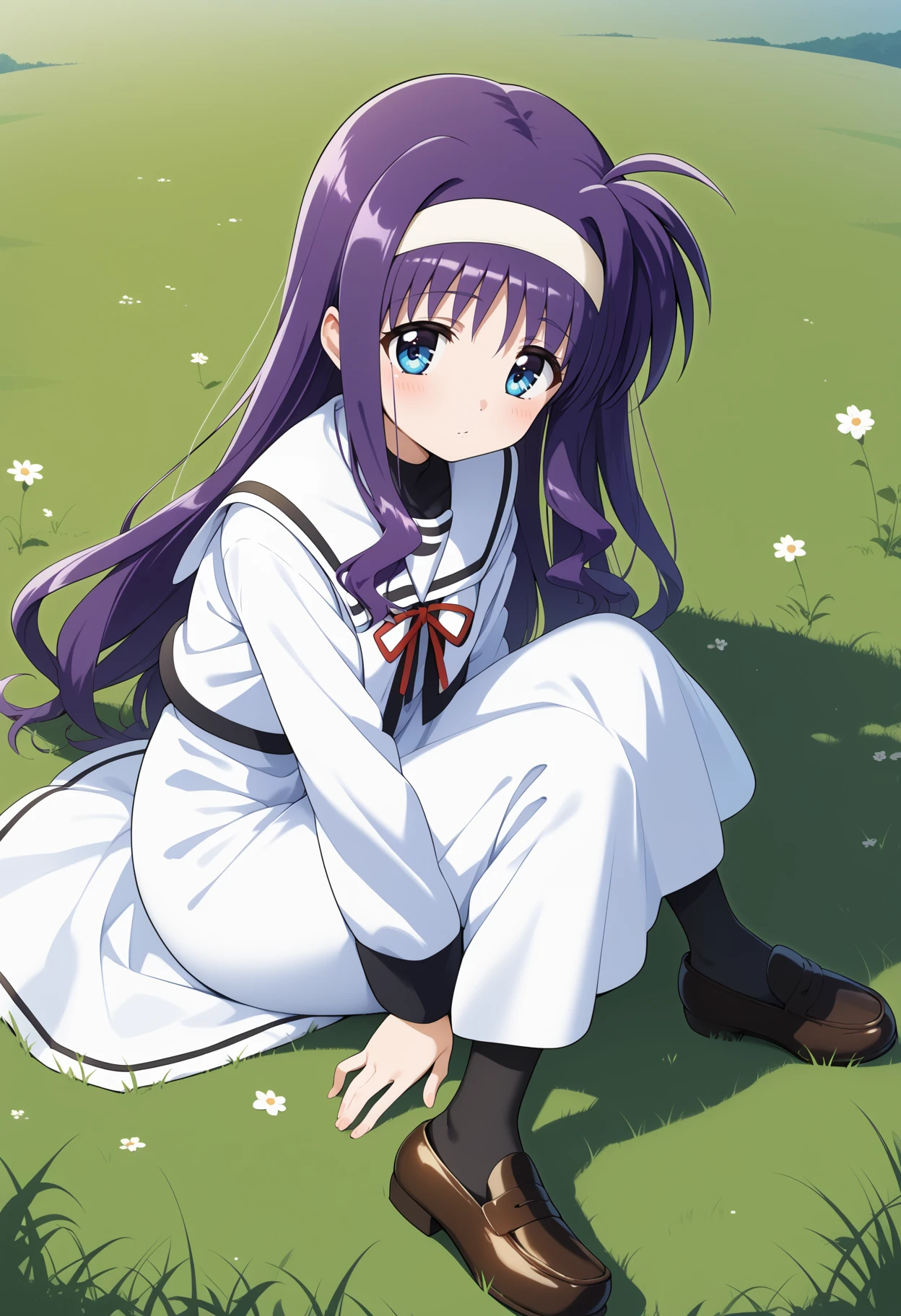 score_9, score_8_up, score_7_up, score_6_up, score_5_up, score_4_up, source_anime, aasuzuka, long hair, purple hair, white hairband, blue eyes, small breasts, school uniform, sailor collar, neck ribbon, white shirt, sailor dress, long dress, long sleeves, <lora:tsukimura_suzuka_ponyxl_v1:0.9>, field, on floor, sitting, black socks, loafers,