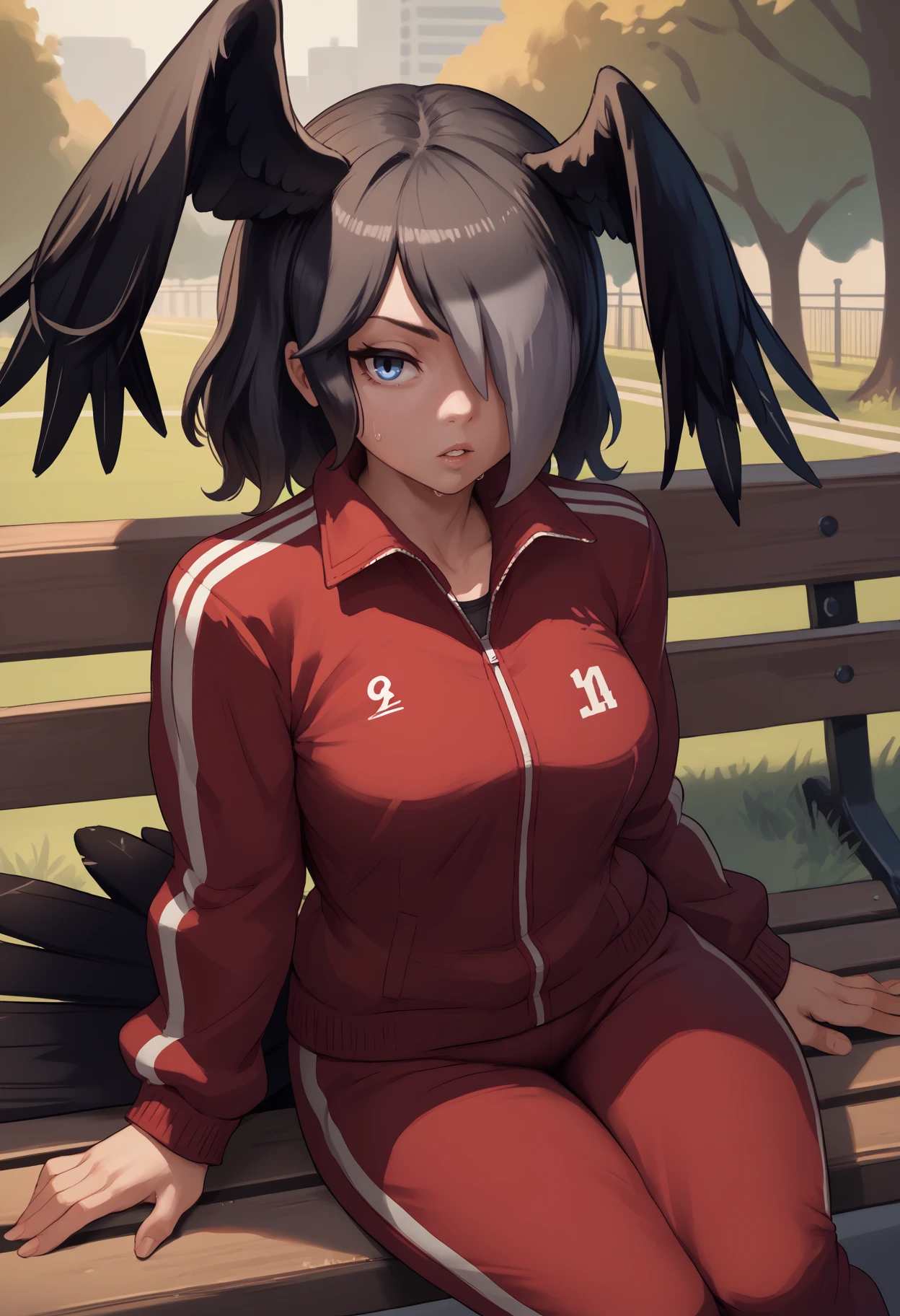 score_9, score_8_up, score_7_up, <break> solo, 1girl, jnglcrw, bird wings, bird tail, sweat, parted lips, looking at you, sitting, park bench, multicolored hair, black hair, hair over one eye, head wings, blue eyes, track suit, red jacket, track jacket, red pants, outdoors
<segment:yolo-face_yolov8m.pt,0.4,0.5//cid=1>