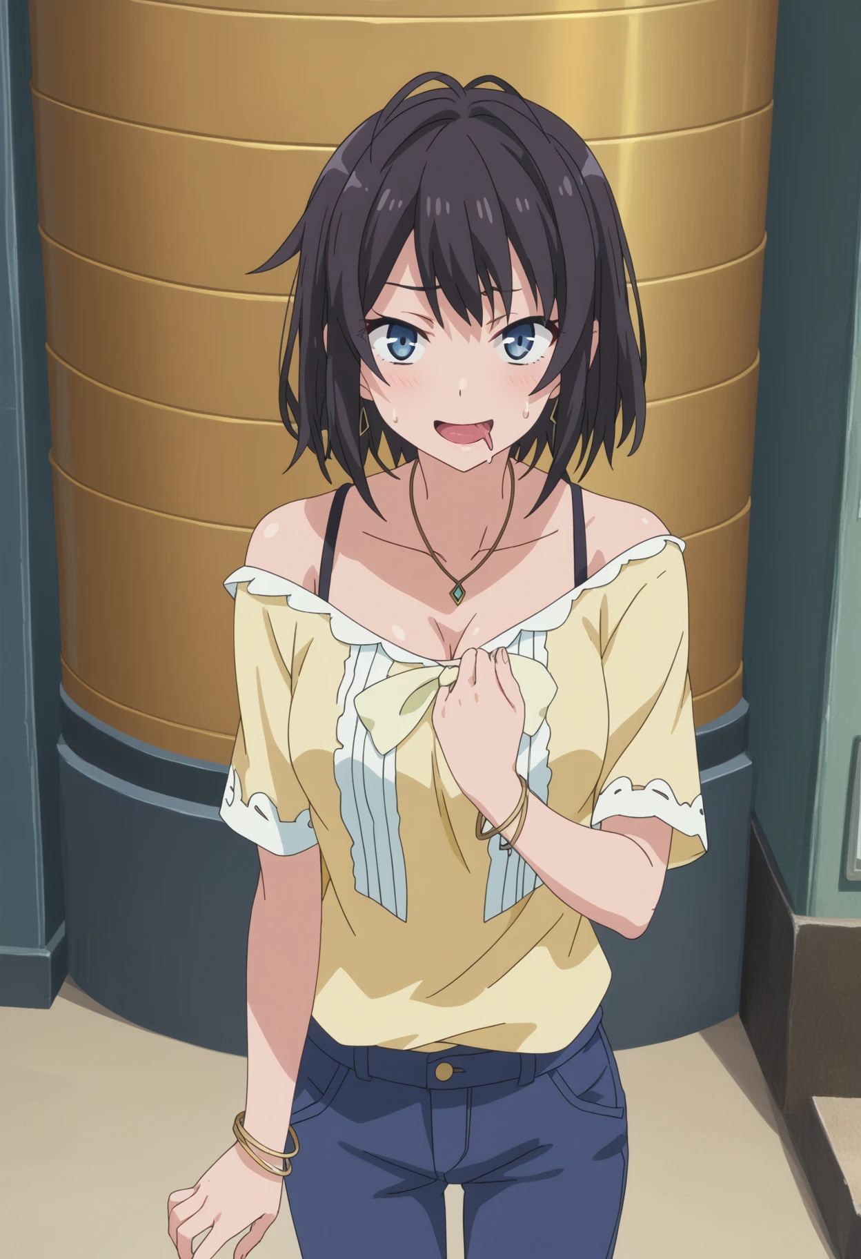 score_9, score_8_up, score_7_up, source_anime, rating_explicit,
BREAK
1girl, solo, anime screencap, anime coloring, 
<lora:shiYukSisV1:0.9>, harudef, short hair, black hair, blue eyes, 
yellow shirt, cleavage, jewelry, necklace, bracelet, blue pants, off shoulder, 
looking at viewer, smile, blush, grabbing own breast, ahegao, tongue out, rolling eyes, drooling,