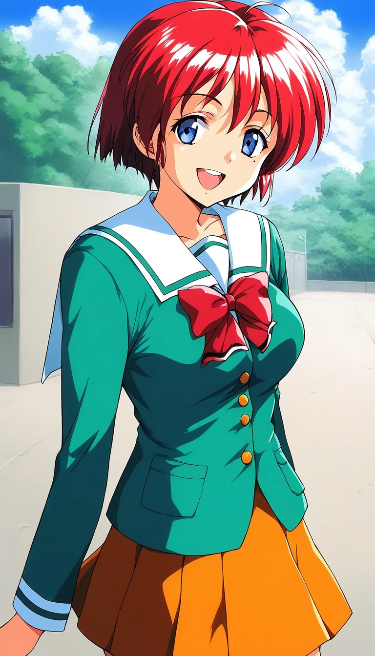 score_9, score_8_up, score_7_up, source_anime, rating_explicit, BREAK  <lora:Hinomoto_Hikari_XL:1> Hinomoto_Hikari, red hair, short hair, blue eyes, breasts, bangs
 solo,  day,
school uniform, green long sleeve,
outdoors, orange skirt, smile, bow, open mouth, sky, 
smile,
looking at viewer, 
cowboy_Shot,