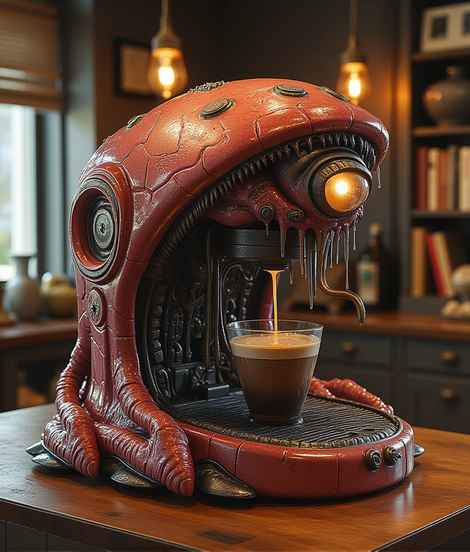 zerg-style,a coffee machine on table,flesh materiel