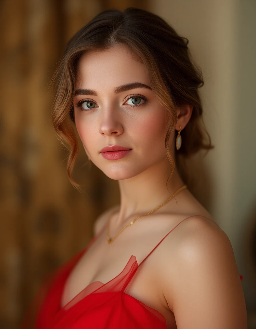 Generate 8k realistic photo portrait of a half-body young woman 30 years old, no makeup, in red evening dress, gold jewelry. In the style of Brandon Woelfel photography. 45 degrees from the camera. 85mm f1.4