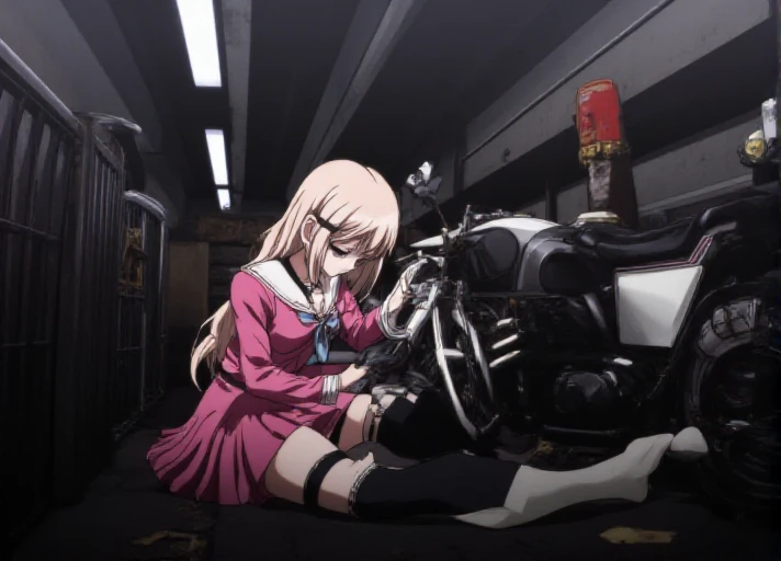 solo, <lora:Miu_Iruma_Flux_r1:1.1>,  <lora:FLUX_Black_Magic_XL_Style_V2.0-000005:0.7> bmstyle, anime.    This is an anime screencap from Danganronpa 3.        Miu Iruma wearing her uniform from Danganronpa V3. Miu Iruma has waist-length strawberry blonde hair that flows in waves around her back, with two short locks of hair sticking up at the top of her head, sweeping to her right. Her bangs are long and wispy, swept somewhat to her left. She has ice-blue eyes. Her head accessories consist of a pair of brown goggles with gold accents. Miu wears a modified, long-sleeved, dark pink seifuku uniform with a white sailor collar and sleeve cuffs, both striped with a single faded pale blue line, a faded pale blue bow tied at her collar. Her chest cover is noticeably missing, her cleavage exposed. A crest can be found in black printed at the shoulders of her sleeves. She wears a short, dark pink pleated skirt the same color as her uniform, vertically striped off-white knee-high socks, and black heeled boots accented with gold buckles, studs, and buttons. Her accessories include a black choker, two rubber collars that resemble barbed wire, black fingerless gloves studded with silver, a pin of the mouse mascot from Niko Niko Happy on her collar, black straps connected with gold studs wrapping her left upper arm, and black straps studded with gold linked with gold rings around her torso and legs. Her long black boots reach nearly up to her knees.       Miu Iruma is in a dimly lit, underground garage, filled with old, rusted cars and piles of scrap metal. She's crouched down beside a sleek, futuristic motorcycle, tinkering with its engine. Behind her, a row of flickering fluorescent lights casts dramatic shadows on the walls.