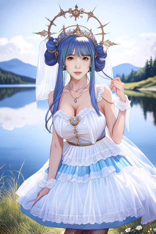 (masterpiece, best quality:1.2),illustration,8k,hd,1 girl,very long hair,solo,(collarbone:1.2),looking at viewer,
bswq,dress,white dress,blue dress,jewelry,necklace,pantyhose,lace,lace trim,lace-trimmed dress,sleeveless dress,((cleavage)),big breasts,outdoors,(day, lake:1.5),extremely detailed dress,crystalstexture skin,front view,<lora:bswq XL:1.5>,