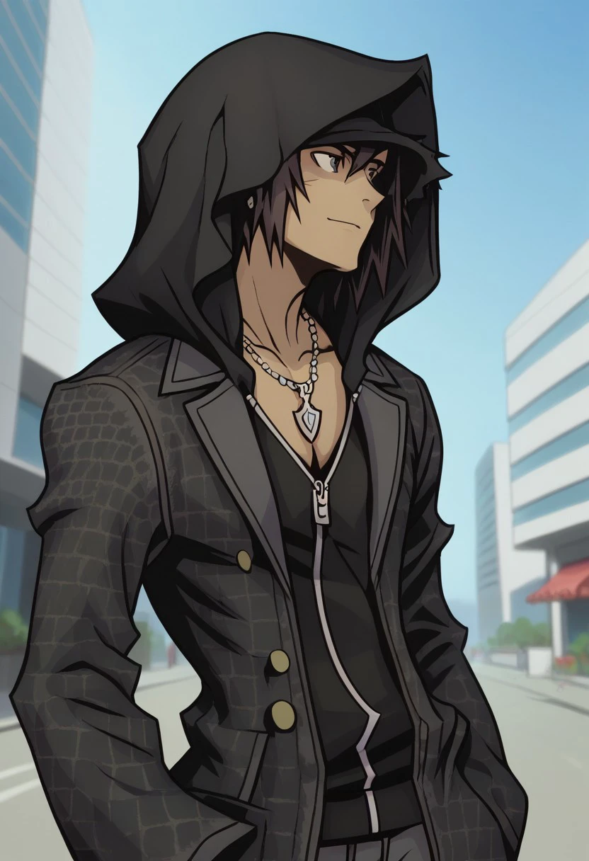 score_9, score_8_up, score_7_up, source_anime, highly detailed, 
minamoto, 1boy, solo, male focus, jewelry, hood, necklace, 
hood up, dark skin, jacket, standing, zipper, bracelet, black hair, coat, dark-skinned male,
black jacket, black coat, portrait,
outdoor, street, building, sky