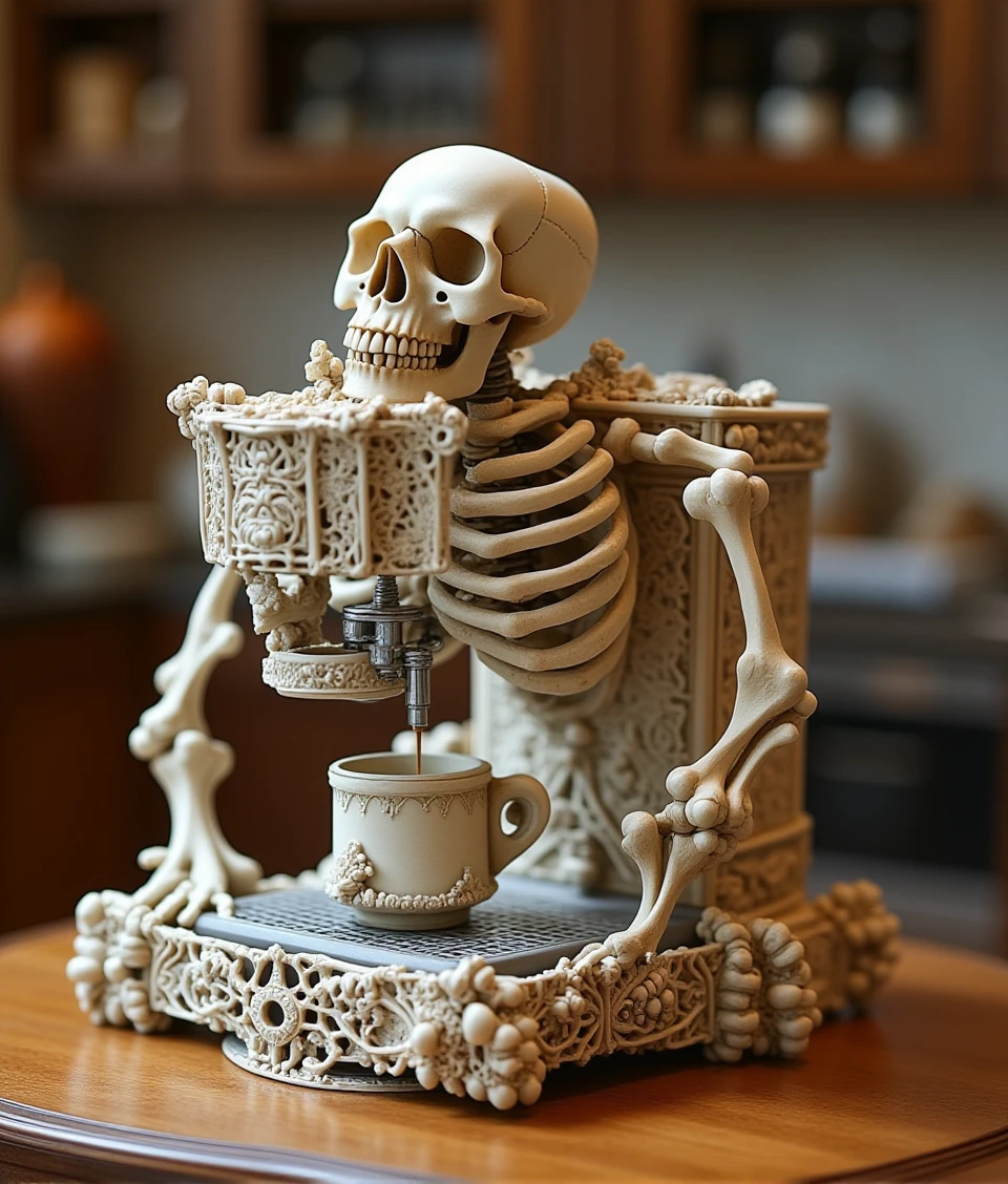 mechbone,a coffee machine on table,bone-made