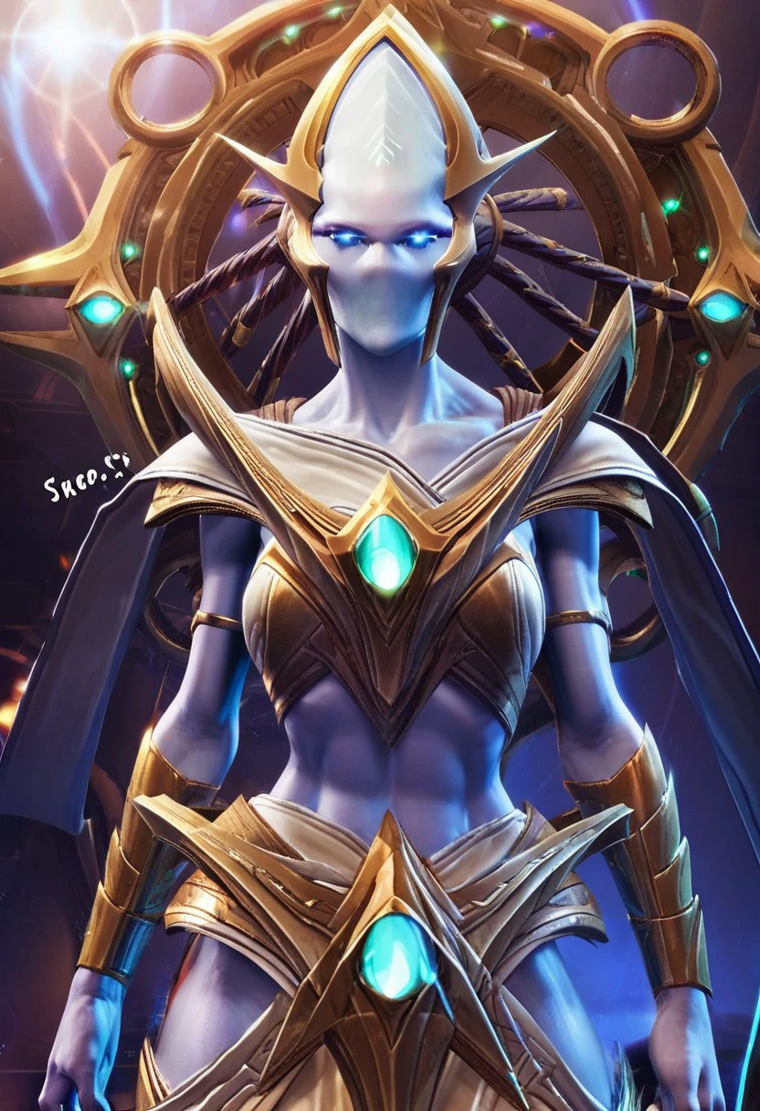 Rohana,1girl,solo,protoss girl,no mouth,no nose,no ears,elongated head,glowing eyes,alien girl,blue eyes,armor,colored skin,pauldrons,braids,vambraces,gold armor,helmet,pelvic curtain,breastplate,,sexual pose,spaceship, score_9, score_8_up, score_7_up, beautiful aesthetic, very intricate, high quality details,vibrant, highly detailed, award-winning, professional,anime artwork, anime style, studio anime, athletic, toned female,muscular milf,curvy body, athletic girl,fit girl, ,looking at viewer, pinup pose,teasing, dynamic lighting, cinematic, smug, better than you, aura of temptation, highly detailed, high resolution, masterpiece, detailed clother, detailed background, highly detailed, ((sound effects)) comic layout,