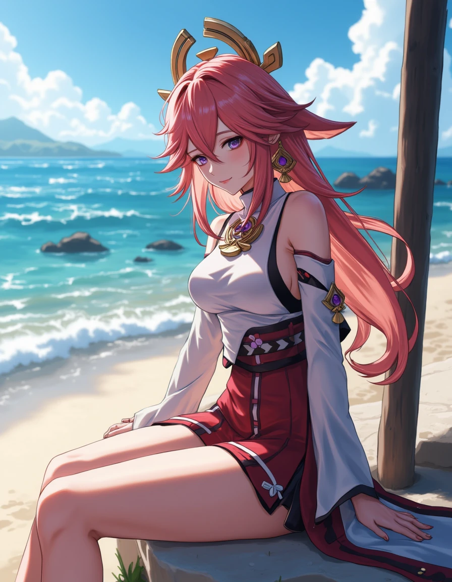 anime woman yaemiko sitting at the beach, close portrait with cinematic lighting and dynamic composition <lora:11_ymi_bs1_32:1>