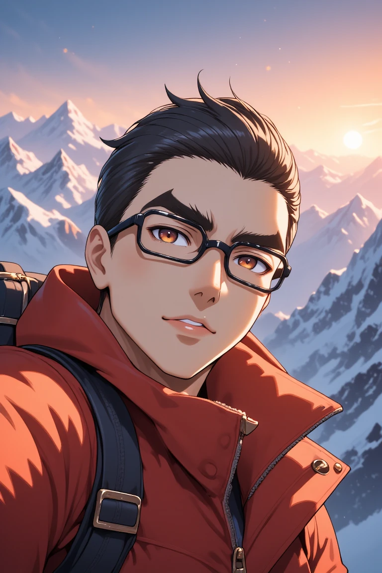 SoeSNS, a sweet intricate illustration of an anime male in anime screencap style, with unique black hair, black glasses, brown eyes, he is taking a selfie of himself at the top of Mt. Everest, with a sunrise and the Himalayas mountain range with their snowy caps as his background