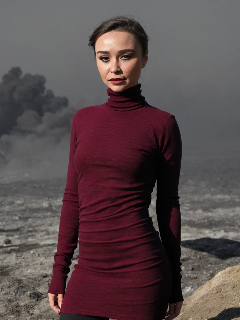 score_9, score_8_up, score_7_up, score_6_up, (high quality, best quality), photorealistic, 
a professional absurdres sharp focus intricately detailed full (torso:1.2) photograph of a beautiful 1woman  (Danielle_Harris:1.1),
wearing a long turtleneck dress and dark maroon lipstick, smokey eye make-up, rainbow long bob hairstyle,  
dancing in a smoldering volcanic caldera,
<lora:Danielle_Harris-SDe14:0.8>