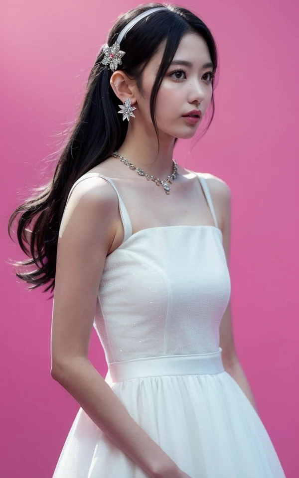 <lora:Sakura_V1:1> $@kur@,, , (realistic), (hyperrealism), (photorealistic:1.4), 1girl, black hair, dress, hair ornament, lips, looking at viewer, makeup, pink background, realistic, ribbon, sleeveless, solo, standing, white dress