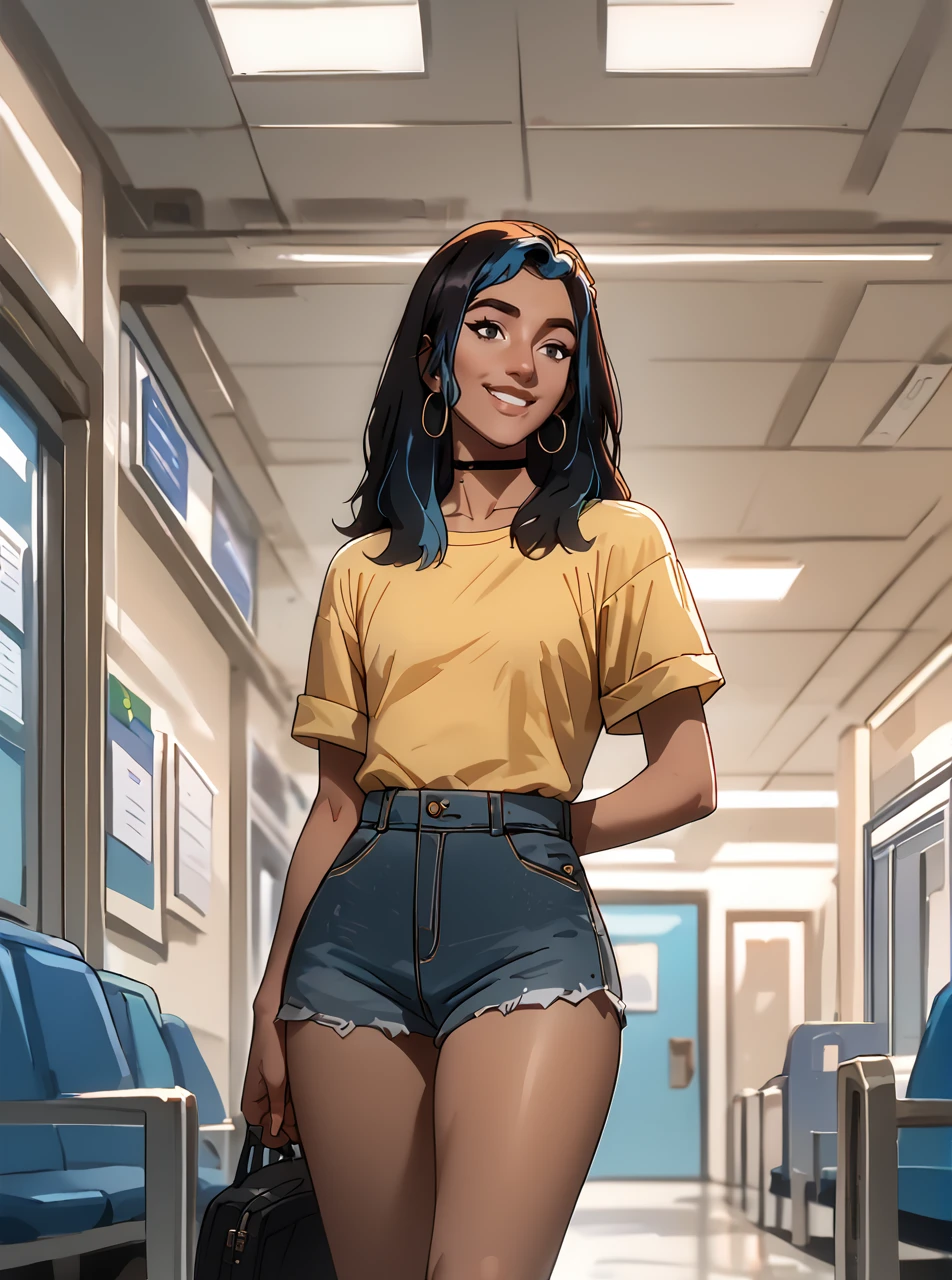 score_9, score_8_up, score_7_up, <lora:hannahpxl:0.9>, hannahpxlm, 1girl, cartoon, flat colors, outline, dark skin, black hair, blue hair, yellow shirt, jean shorts, choker, smile, 2d, airport, long hair