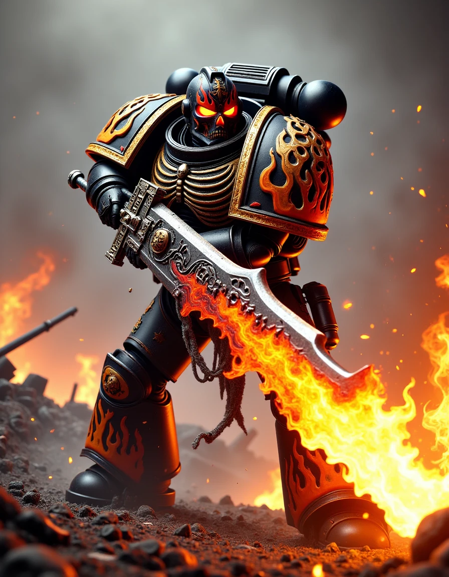 Show a single Marine with a chainsword mid-swing, flames trailing from the blade as he slices through a massive enemy. His armor is glowing with flames and skeletal motifs, and his eyes burn with inner fire. The battlefield is littered with burning wreckage and twisted metal. Focus on a high-detail close-up, using motion blur to emphasize the power and speed of the swing, with intense fire effects trailing the sword.