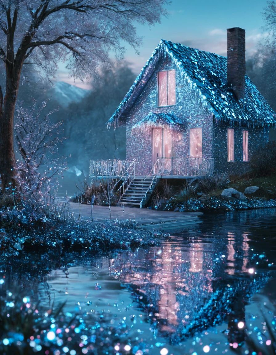 <lora:103_novuschroma_1:1> cottage by the water novuschroma style glitter